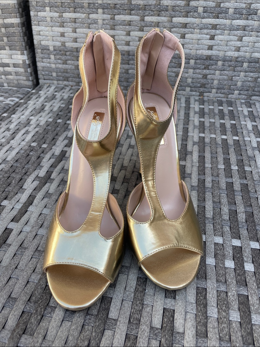 Signature by Olivia Miller Gold Women's T-Strap Peep-Toe Heels